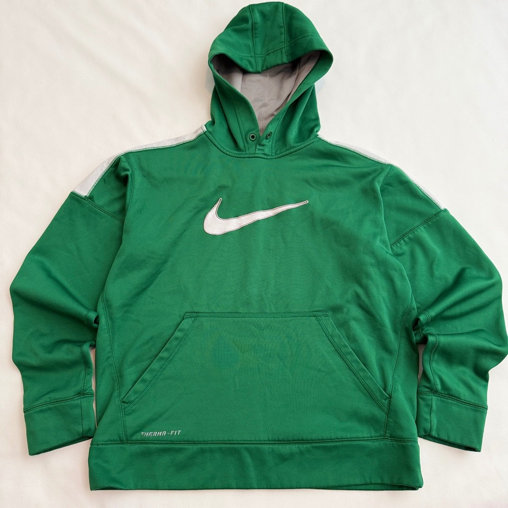 Y2K Nike Hoodie Mens Medium Green Therma-FIT Pullover Swoosh Athletic Sweatshirt
